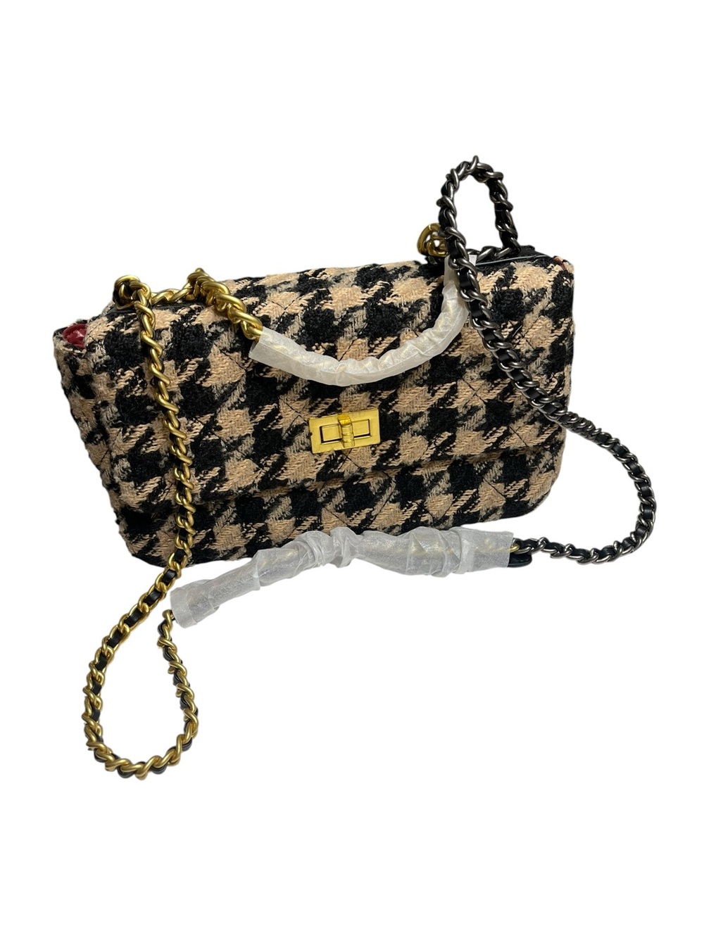 Houndstooth Tweed Black and Beige Flap Bag w/Chain Strap - Picture 2 of 8
